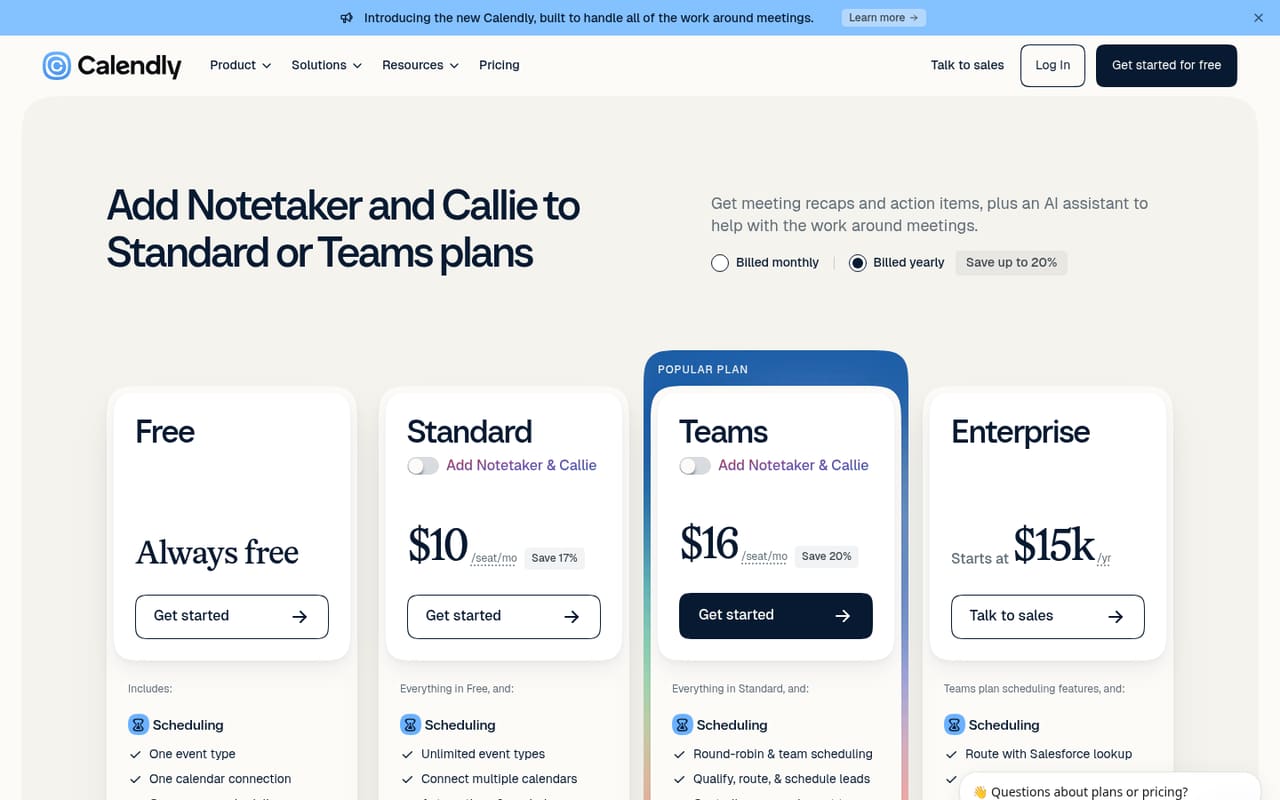 Calendly Pricing page screenshot, captured 16 Oct 2026