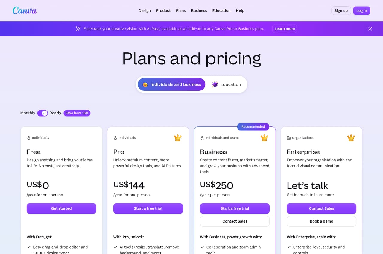 Canva Pricing page screenshot, captured 16 Oct 2026