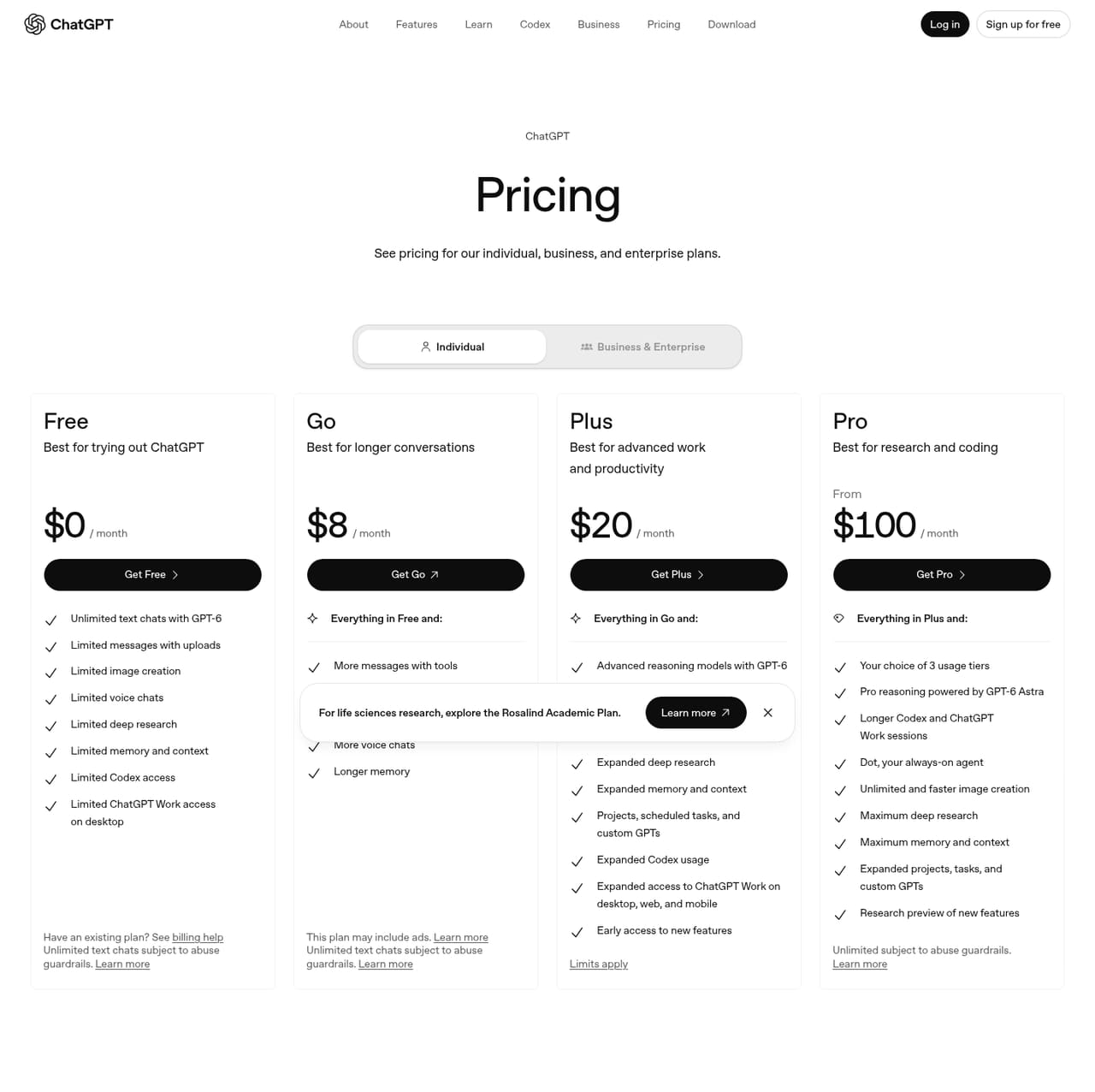 ChatGPT Pricing page screenshot, captured 16 Oct 2026