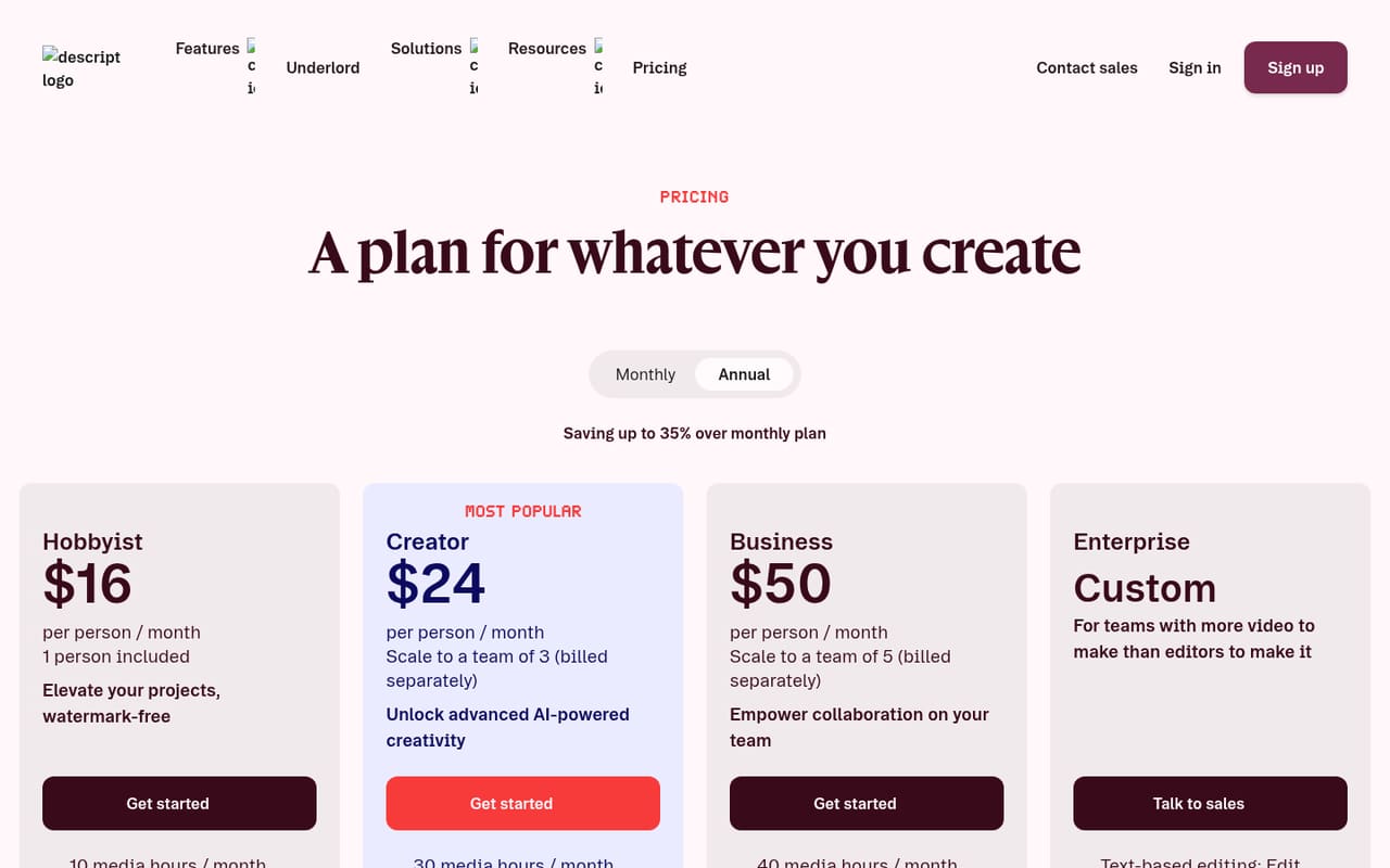 Descript Pricing page screenshot, captured 16 Oct 2026