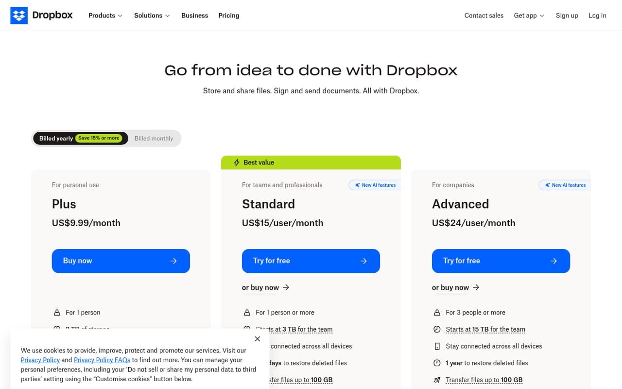 Dropbox Pricing page screenshot, captured 16 Oct 2026