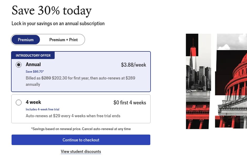 The Economist Pricing screenshot, captured 16 Oct 2026