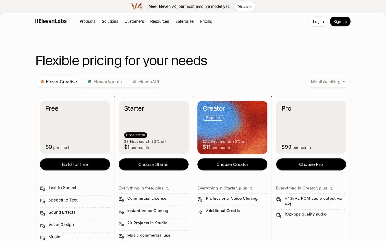 ElevenLabs Pricing page screenshot, captured 16 Oct 2026