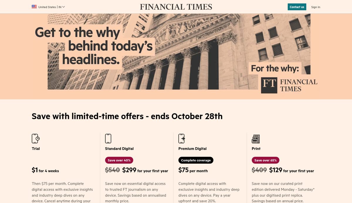 Financial Times Pricing screenshot, captured 16 Oct 2026