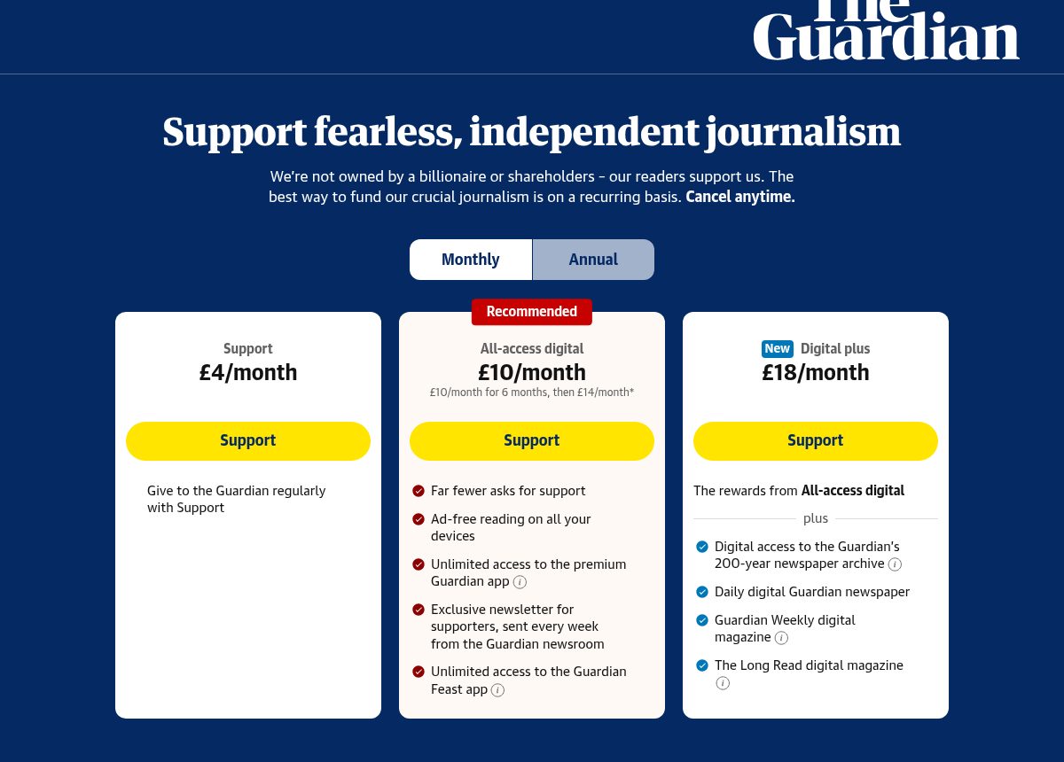 The Guardian Pricing screenshot, captured 16 Oct 2026