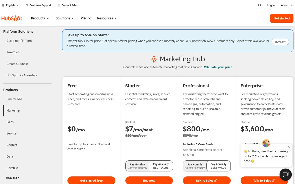 HubSpot Pricing page screenshot, captured 16 Oct 2026