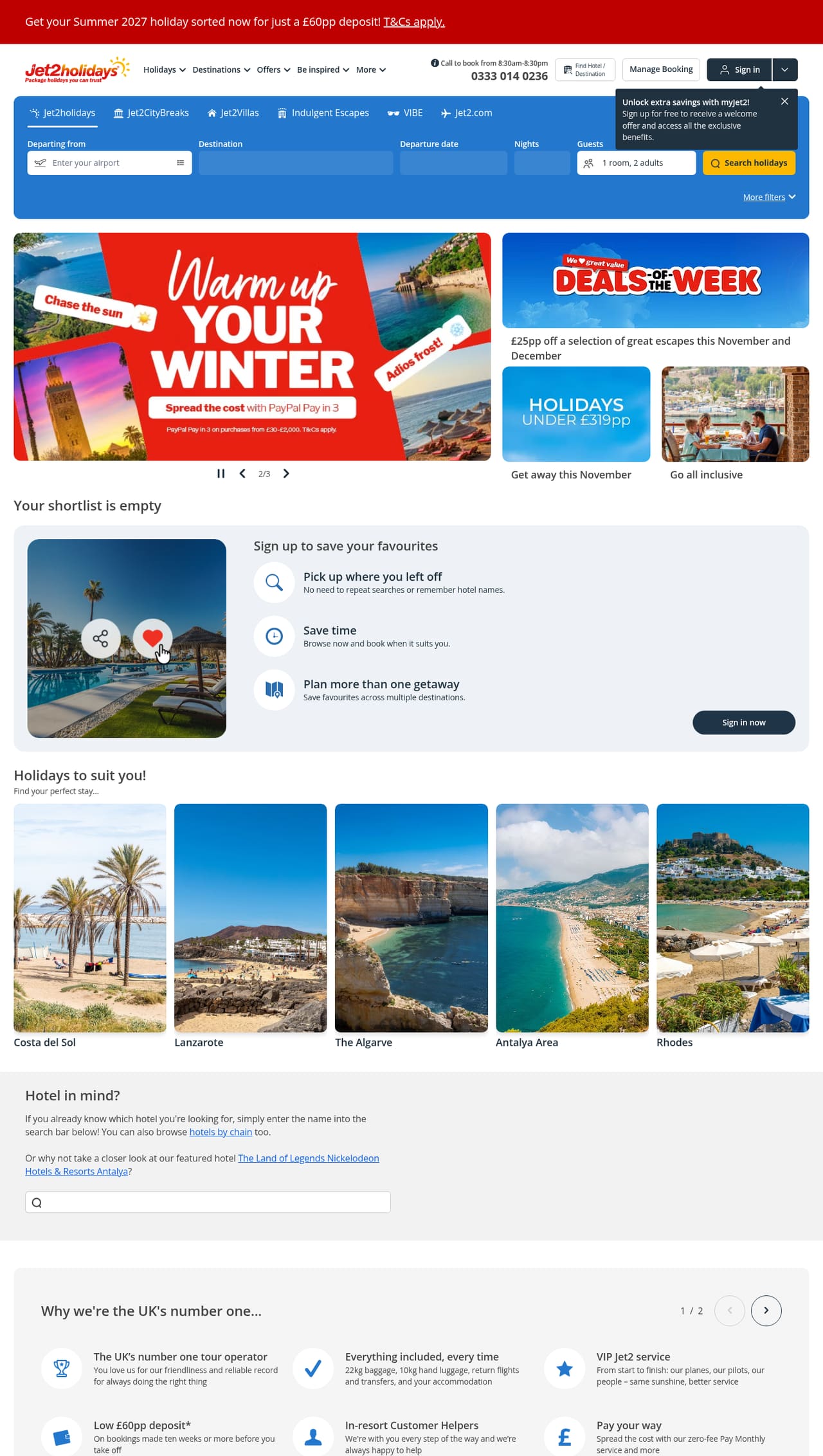 Jet2holidays Homepage screenshot, captured 16 Oct 2026