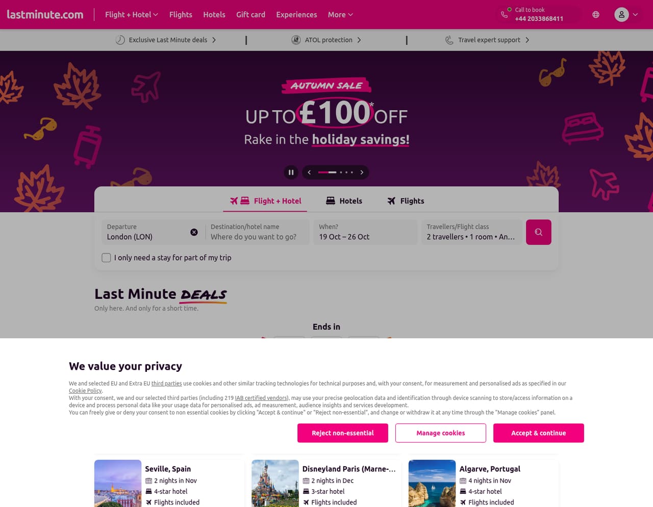 lastminute.com Homepage screenshot, captured 16 Oct 2026
