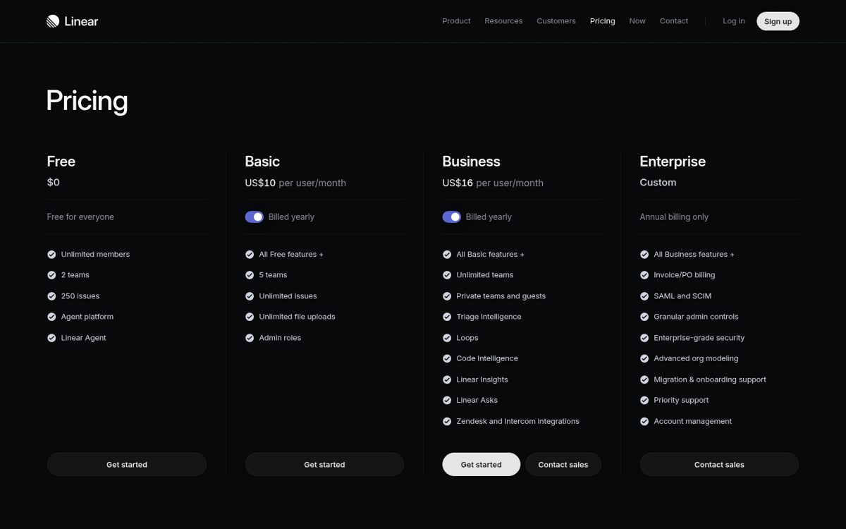 Linear Pricing page screenshot, captured 16 Oct 2026