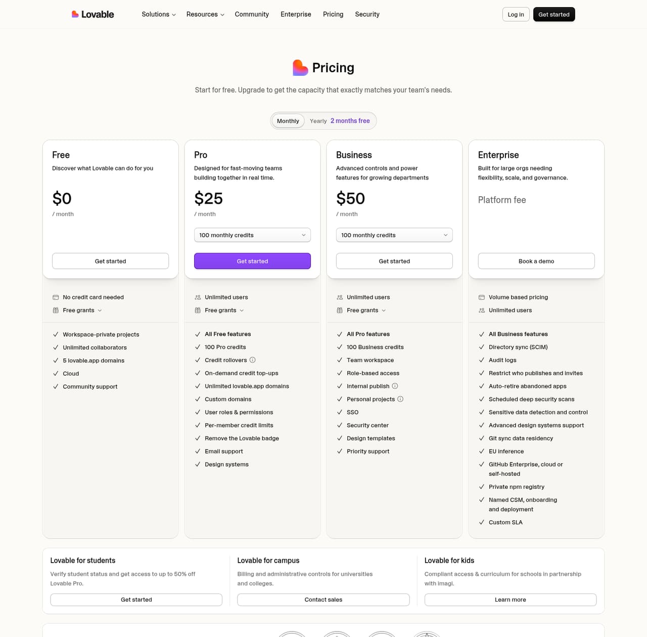Lovable Pricing page screenshot, captured 16 Oct 2026