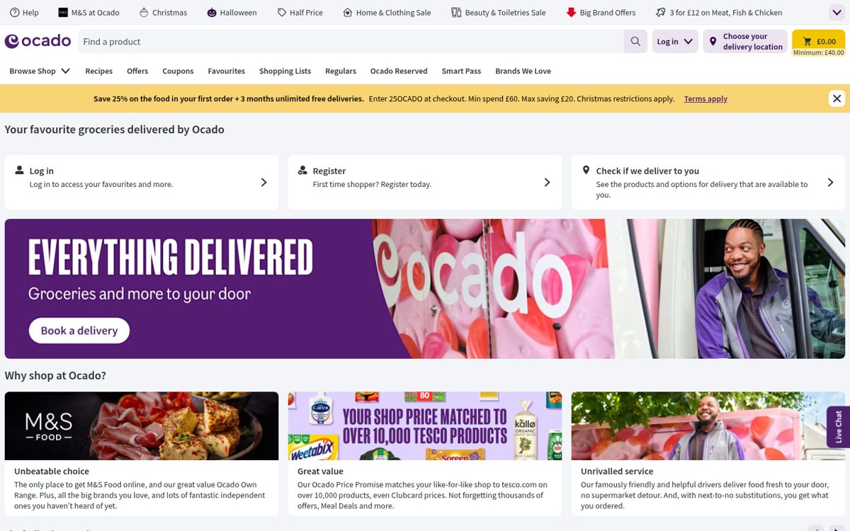 Ocado Homepage screenshot, captured 16 Oct 2026