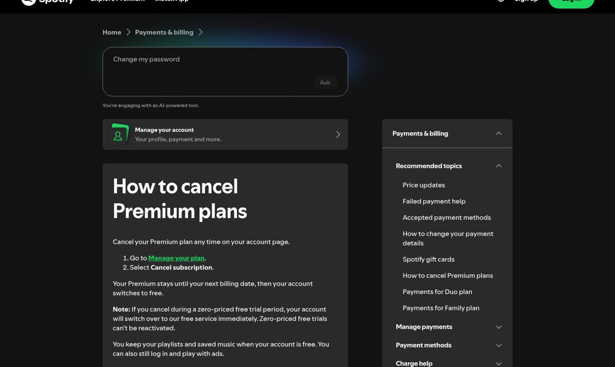 Spotify Help / support (policy) screenshot, captured 16 Oct 2026
