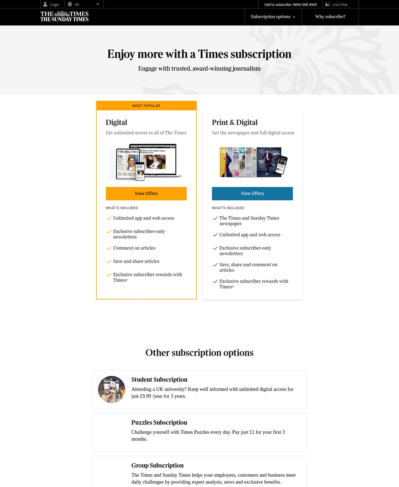The Times Subscribe page screenshot, captured 16 Oct 2026